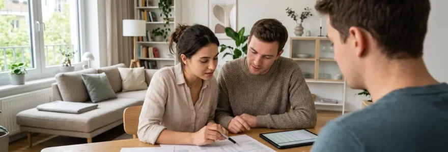 Un jeune couple vu de dos consulte des documents financiers posés sur une table basse dans un salon contemporain lumineux