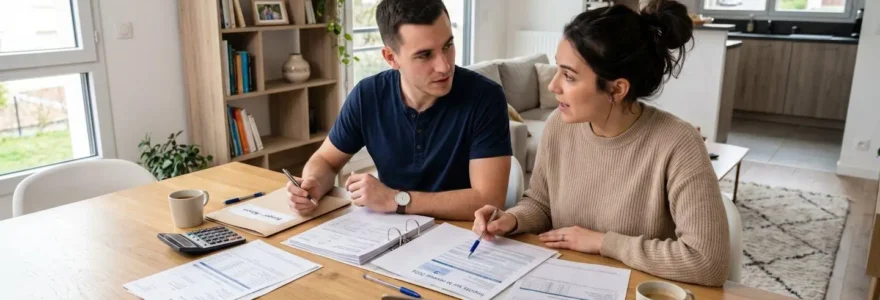 Un jeune couple vu de dos consulte des documents financiers posés sur une table basse dans un salon contemporain lumineux