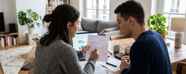 Un jeune couple vu de dos consulte des documents financiers posés sur une table basse dans un salon contemporain lumineux
