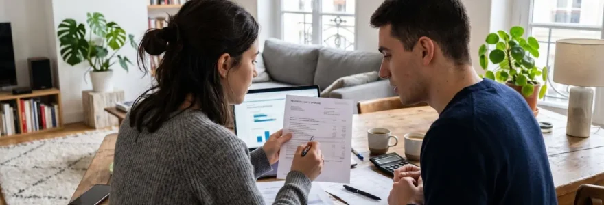 Un jeune couple vu de dos consulte des documents financiers posés sur une table basse dans un salon contemporain lumineux