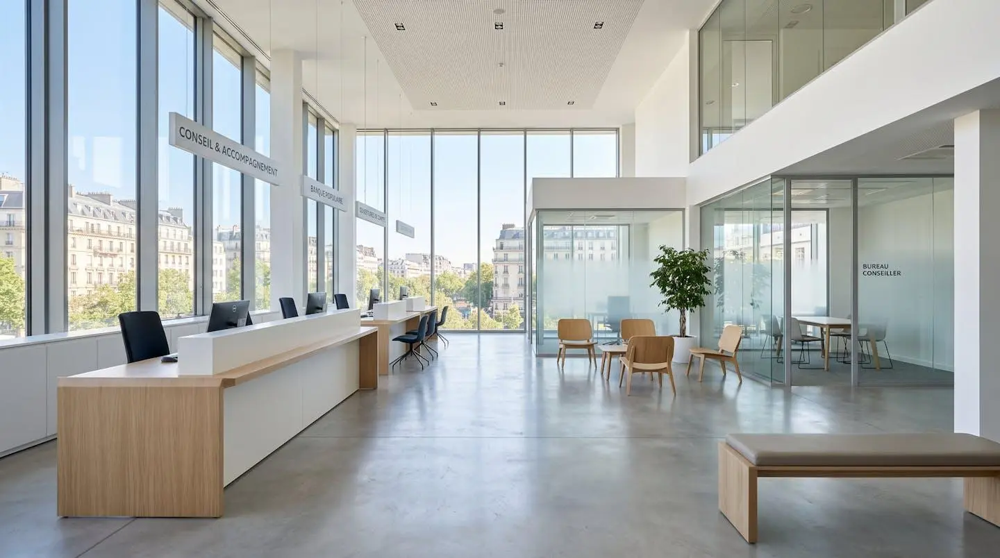 Intérieur d'une agence bancaire moderne française avec architecture contemporaine épurée, espace vide et lumineux avec larges baies vitrées