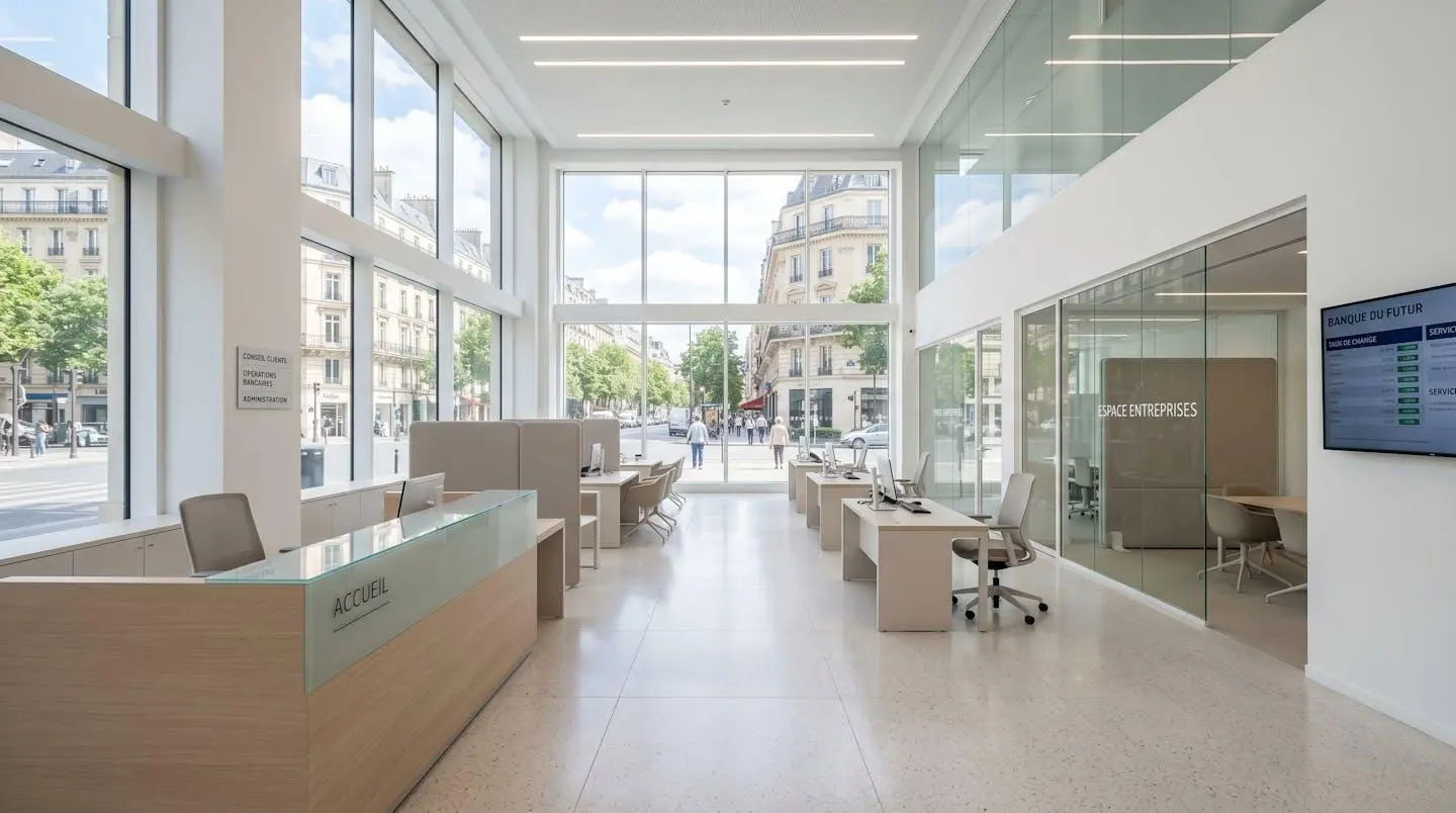 Intérieur d'une agence bancaire moderne française avec architecture contemporaine épurée, espace vide et lumineux avec larges baies vitrées