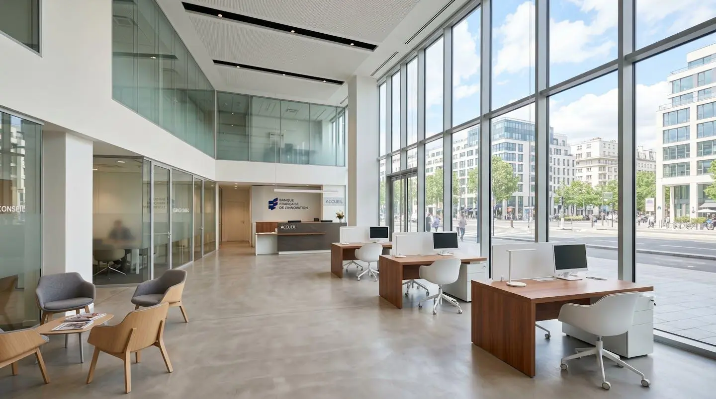 Intérieur d'une agence bancaire moderne française avec architecture contemporaine épurée, espace vide et lumineux avec larges baies vitrées