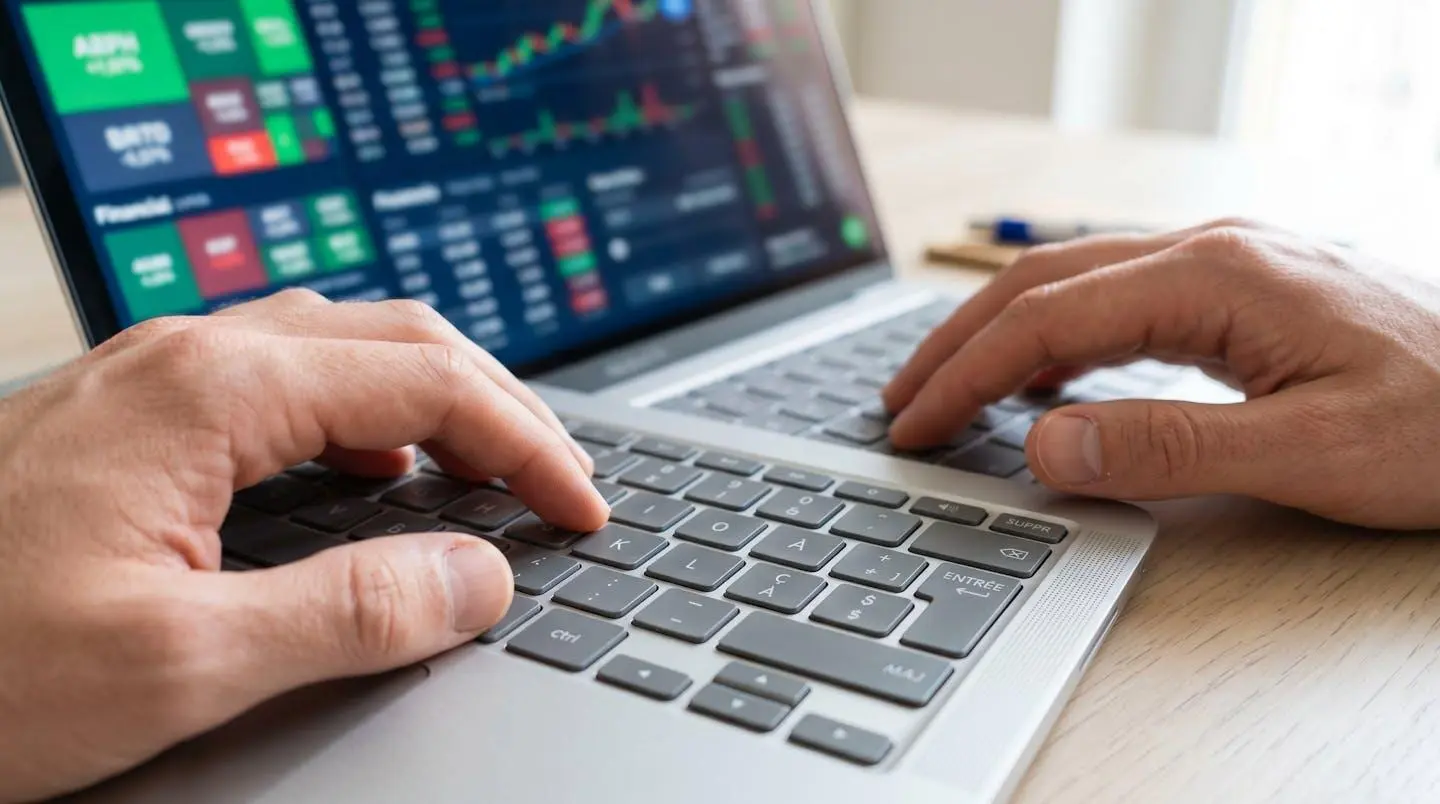 Gros plan sur des mains tapant sur le clavier d'un ordinateur portable avec un écran montrant une interface financière complètement floutée en arrière-plan