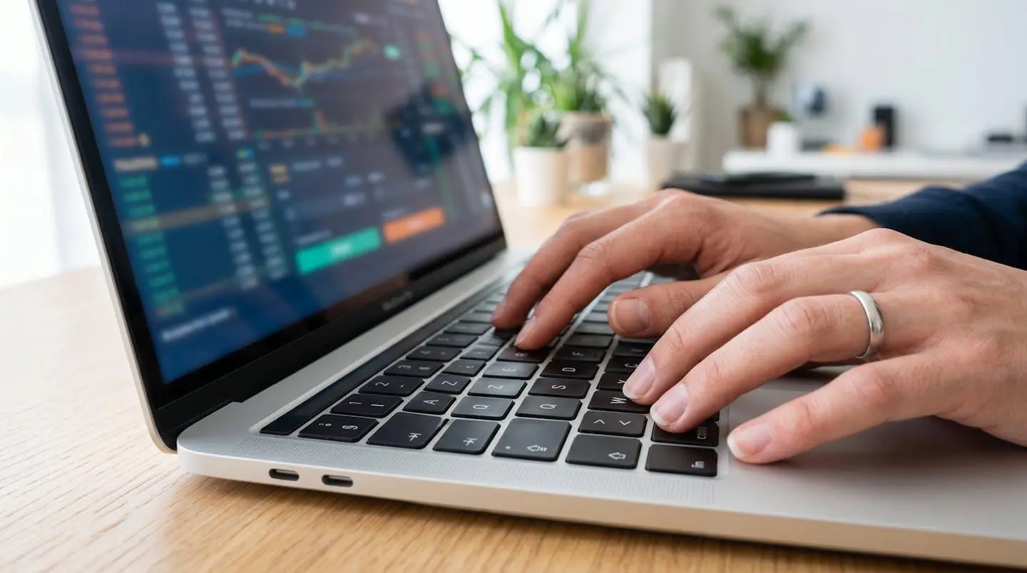 Gros plan sur des mains tapant sur le clavier d'un ordinateur portable avec un écran montrant une interface financière complètement floutée en arrière-plan