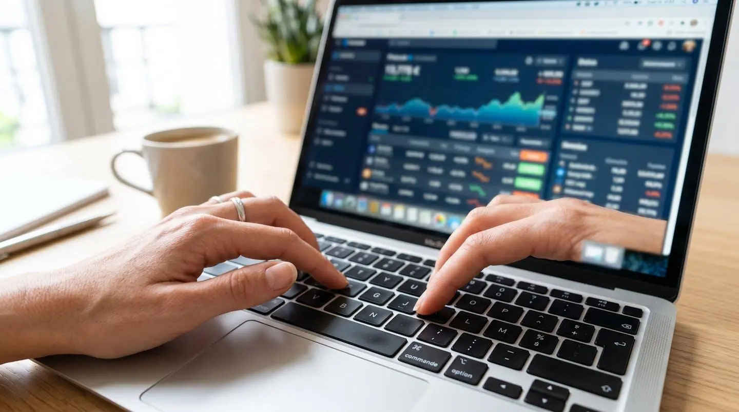 Gros plan sur des mains tapant sur le clavier d'un ordinateur portable avec un écran montrant une interface financière complètement floutée en arrière-plan