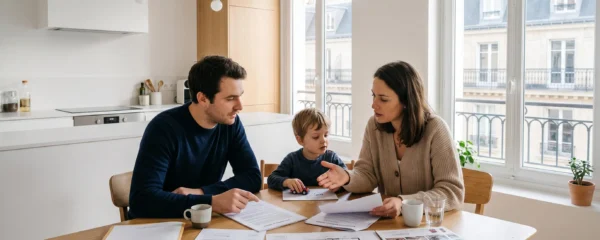 Jeune famille française consultant des documents de prêt immobilier et plans d'appartement sur une table de cuisine moderne avec fenêtre en arrière-plan