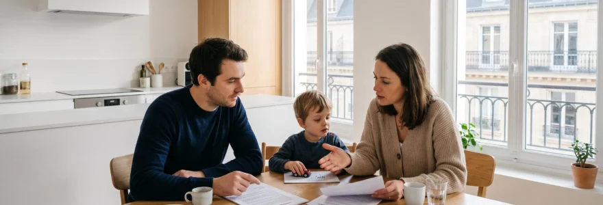 Jeune famille française consultant des documents de prêt immobilier et plans d'appartement sur une table de cuisine moderne avec fenêtre en arrière-plan