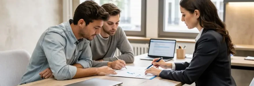 Un conseiller bancaire examine un plan de financement avec un couple emprunteur en agence.