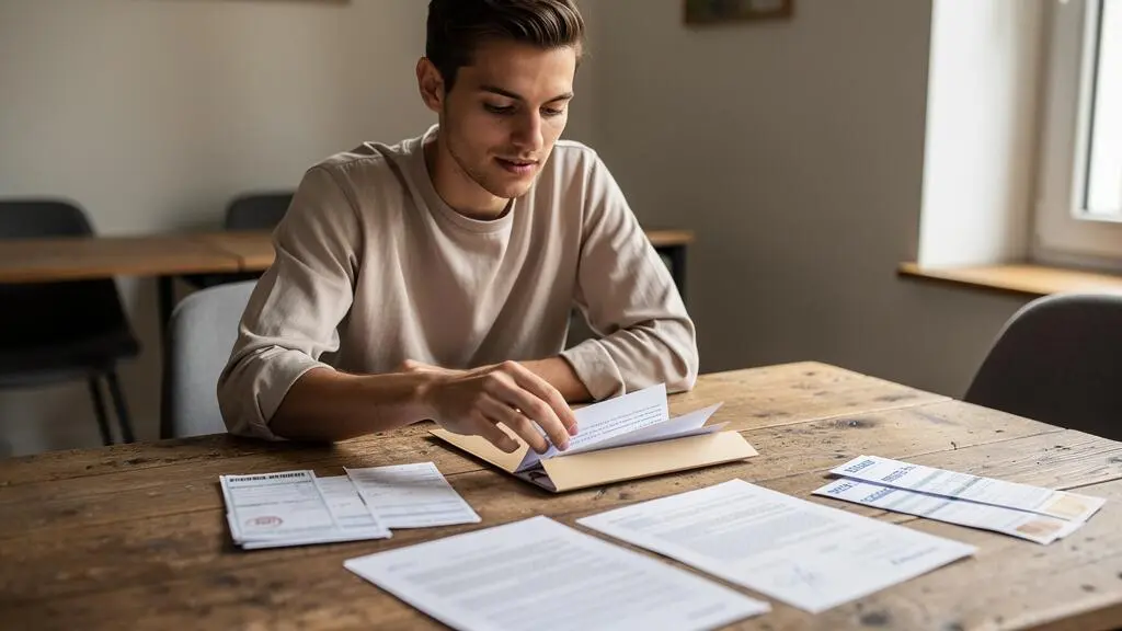 Une jeune salariée prépare son dossier de prêt avec ses bulletins de salaire sur une table.
